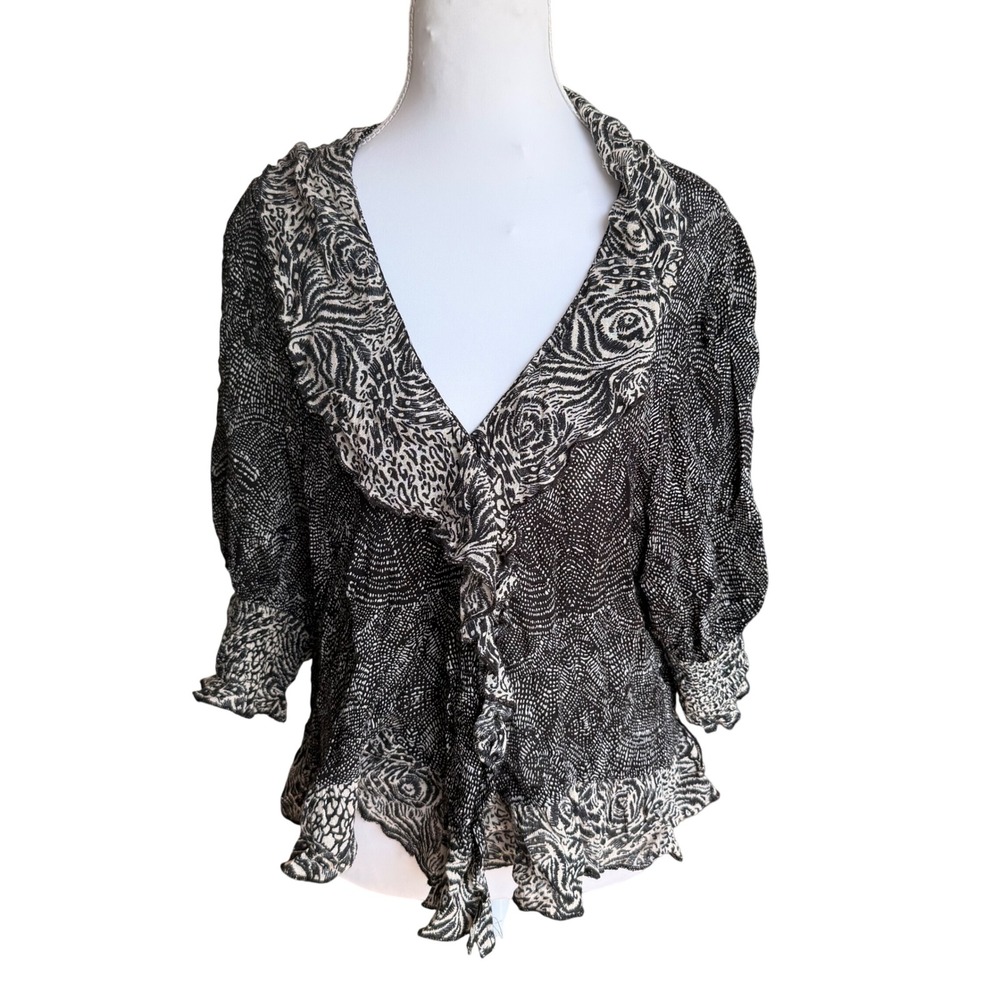 Free People Black Cream Mixed Animal Floral Print Ruffle V-Neck Blouse Medium